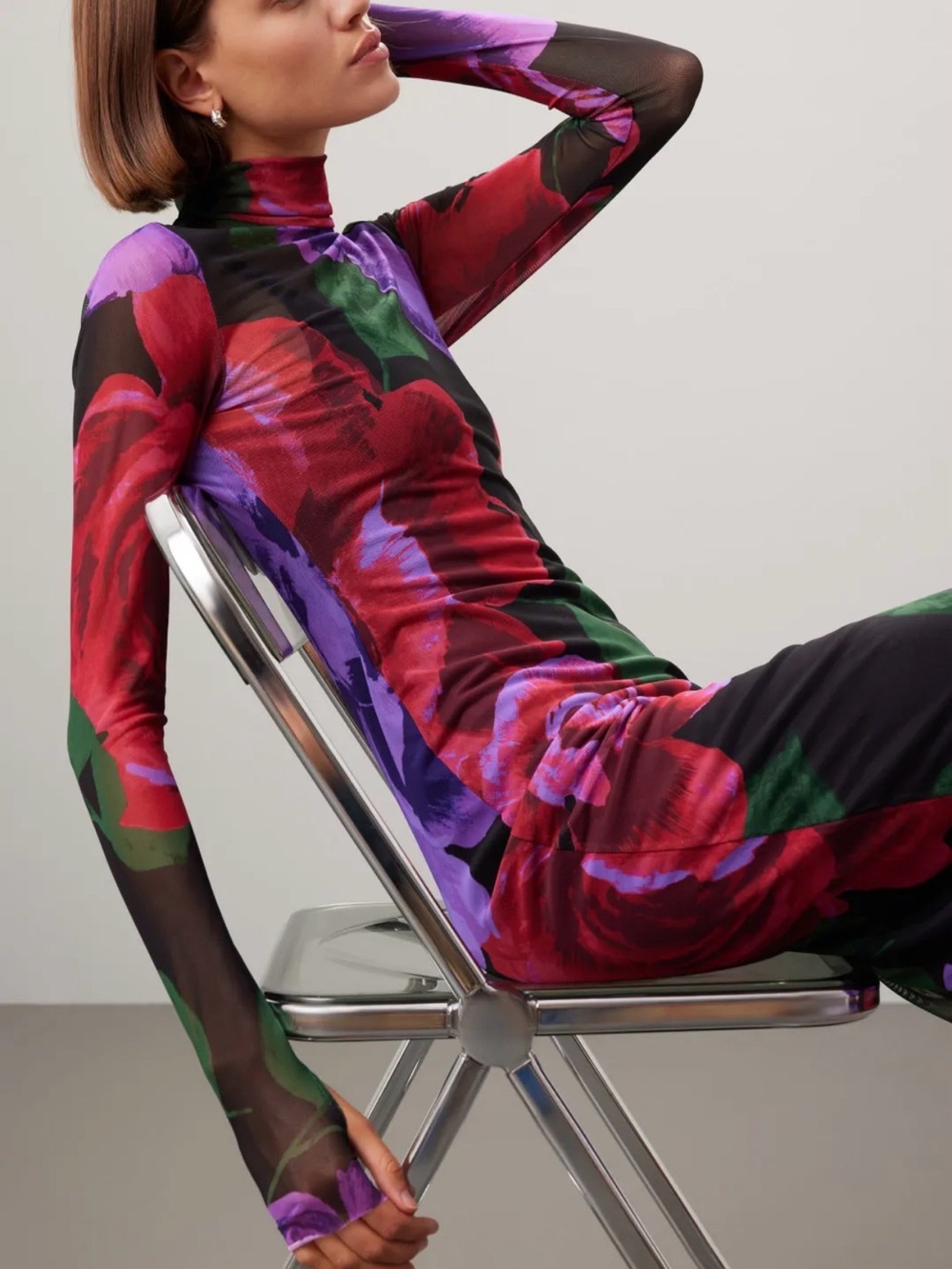 AFRM Shailene mesh turtleneck Maxi Dress Bold Colorful Floral Pattern Sz Sm